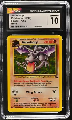 CGC 10 GEM MINT Aerodactyl 1999 Fossil 1/62 Holo Pokemon Card - Image 1