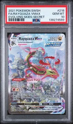 2021 Pokemon Evolving Skies Rayquaza VMAX #218 Secret Rare PSA 10 - Image 1