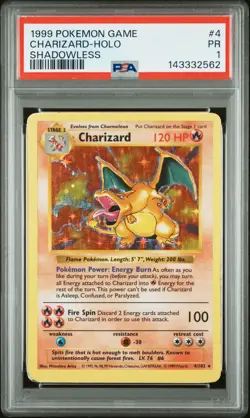 1999 POKEMON BASE SET SHADOWLESS #4 CHARIZARD-HOLO PSA 1 - Image 1