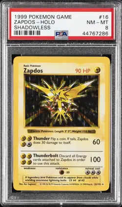 1999 POKEMON BASE SET SHADOWLESS #16 ZAPDOS-HOLO PSA 8 - Image 1