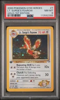 Lt Surge's Fearow 7/132 PSA 8 Pokemon Gym Heroes 1st Edition Holo Rare - Image 1