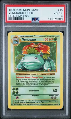 1999 Pokemon Base Set SHADOWLESS Venusaur-Holo RARE #15 PSA 4 - Image 1