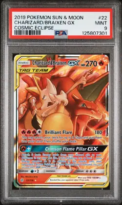 2019 POKEMON SUN & MOON COSMIC ECLIPSE #22 CHARIZARD & BRAIXEN GX PSA 9 - Image 1