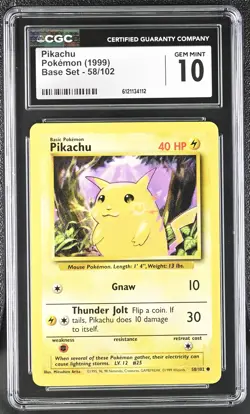 CGC 10 GEM MINT Pikachu 1999 Base Set 58/102 Pokemon Card - Image 1