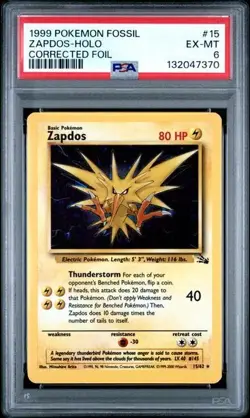 1999 POKEMON FOSSIL CORRECTED FOIL #15 ZAPDOS-HOLO PSA 6 - Image 1