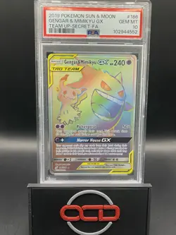 2019 POKEMON SUN & MOON GENGAR & MIMIKYU GX TEAM UP - SECRET - FA #186 PSA 10 - Image 1
