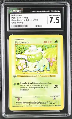 CGC 7.5 Bulbasaur Base Set Shadowless 1st Edition 44/102 Gray Stamp Pokemon Card - Image 1
