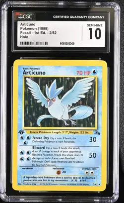 1999 Pokemon Fossil 1st Edition 2/62 Articuno Holo CGC 10 GEM MINT - Image 1