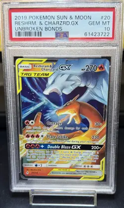 2019 Pokemon Sun and Moon Unbroken Bonds Charizard GX/Reshiram #20 PSA 10 - Image 1