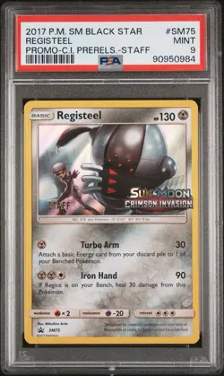 2017 Pokemon Crimson Invasion Prerelease Staff Registeel SM75 PSA 9 Mint POP 15 - Image 1