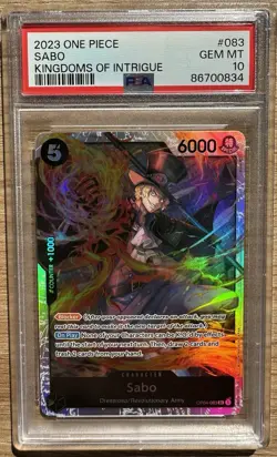 PSA 10 Sabo OP04-083 SR Kingdoms Of Intrigue One Piece Card Game English 2023 - Image 1