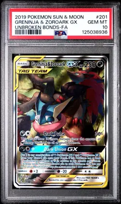 PSA 10 Greninja & Zoroark GX 201/214 Pokemon Sun Moon Unbroken Bonds Gem Mint - Image 1