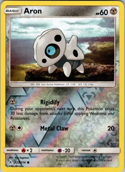 Pokemon TCG Aron Sun & Moon Unbroken Bonds 123/214 Reverse Holo Common Card NM - Image 1