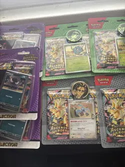 Pokemon Ascended Heros Lot New products (3) Tech Stickers + (4) 2 Pack Plus Tins - Image 1