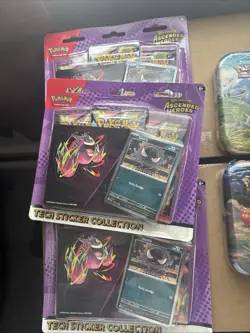 Pokemon Ascended Heros Lot New products (3) Tech Stickers + (4) 2 Pack Plus Tins - Image 2