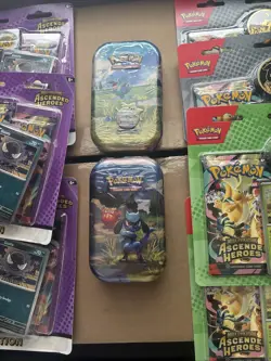Pokemon Ascended Heros Lot New products (3) Tech Stickers + (4) 2 Pack Plus Tins - Image 3