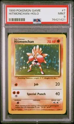 1999 POKEMON GAME BASE SET #7/102 HITMONCHAN HOLO PSA 9 - Image 1