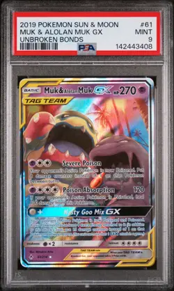 2019 POKEMON SUN & MOON UNBROKEN BONDS #61 MUK & ALOLAN MUK GX PSA 9 - Image 1