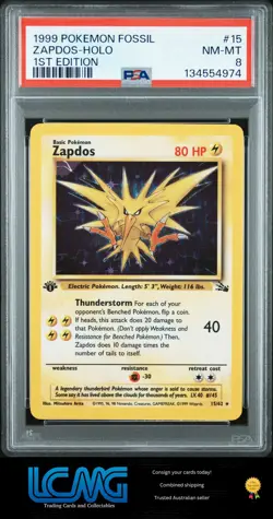 1999 Pokemon TCG Card Fossil #15 Zapdos Holo 1st Edition PSA 8 - Image 1