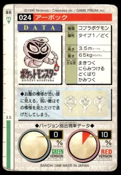 Arbok NO. 024 Red Bandai Carddass Series 1-2 R Pokemon Japanese ~ HP Creased - Image 2