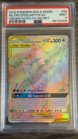 2019 POKEMON SUN & MOON HIDDEN FATES SECRET FA/MOLTRES ZAPDOS ARTICUNO GX PSA 9 - Image 1