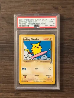Pokemon League Black Star Surfing Pikachu Promo #28 PSA9 Cert # 68473845 - Image 1