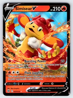 Simisear V 027/172 2022 Brilliant Stars Pokemon Card TCG Full Art Nintendo - Nm - Image 1