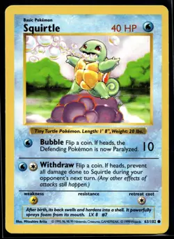 1999 Pokemon Game 63 Squirtle Shadowless LP - Image 1