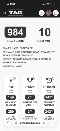 Rank 2! 2025 Pokemon Prismatic Evolutions Black Star Promo #175 Espeon EX TAG 10 - Image 3