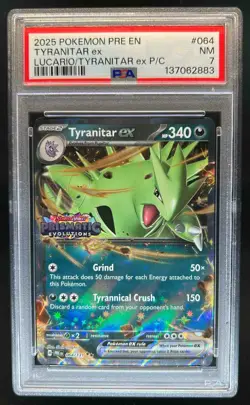 2025 Pokemon Prismatic Evolutions Lucario Tyranitar EX PC Tyranitar EX 064 PSA 7 - Image 1