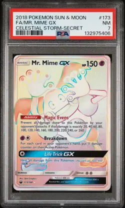 2018 POKEMON SUN & MOON CELESTIAL STORM SECRET #173 FULL ART/MR. MIME GX PSA 7 - Image 1