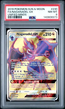 2019 POKEMON SUN & MOON UNIFIED MINDS #230 FULL ART/NAGANADEL GX PSA 8 - Image 1