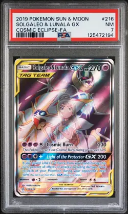 2019 POKEMON SUN & MOON COSMIC ECLIPSE #216 FULL ART/SOLGALEO & LUNALA GX PSA 7 - Image 1
