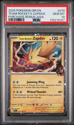 2025 POKEMON DRI PURCHASE BONUS-ASIA #070 TEAM ROCKET'S ZAPDOS PSA 10 - Image 1