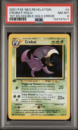 2001 POKEMON NEO REVELATION 1ST ED-DOUBLE HOLO ERROR #4 CROBAT-HOLO PSA 8 - Image 1