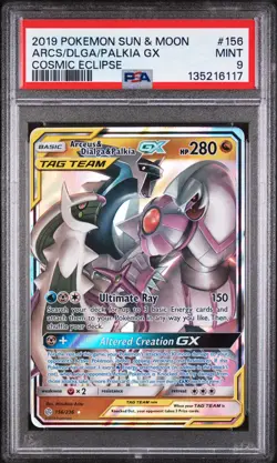 2019 POKEMON SUN & MOON COSMIC ECLIPSE #156 ARCEUS & DIALGA & PALKIA GX PSA 9 - Image 1