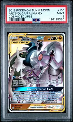 2019 POKEMON SUN & MOON COSMIC ECLIPSE #156 ARCEUS & DIALGA & PALKIA GX PSA 9 - Image 1