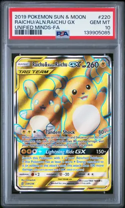 2019 POKEMON SUN & MOON UNIFIED MINDS FULL ART/RAICHU & ALOLAN RAICHU GX PSA 10 - Image 1