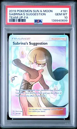 2019 POKEMON SUN & MOON TEAM UP #181 FULL ART/SABRINA'S SUGGESTION PSA 10 - Image 1