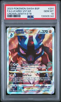 2023 POKEMON SWSH CROWN ZENITH ETB PROMO #291 FULL ART/LUCARIO VSTAR PSA 10 - Image 1