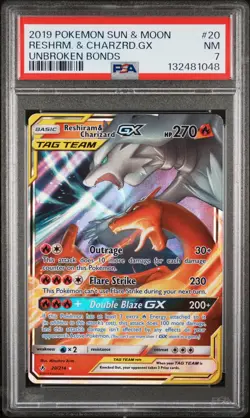 2019 POKEMON SUN & MOON UNBROKEN BONDS #20 RESHIRAM & CHARIZARD GX PSA 7 - Image 1