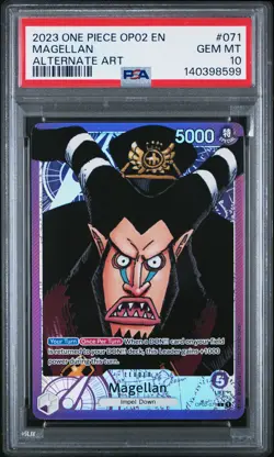 2023 ONE PIECE OP02-PARAMOUNT WAR ALTERNATE ART #071 MAGELLAN PSA 10 - Image 1