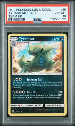 2019 POKEMON SUN & MOON TEAM UP #85 TYRANITAR-HOLO PSA 10 - Image 1