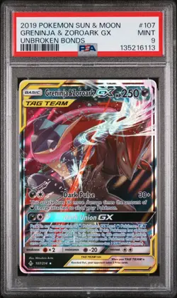 2019 POKEMON SUN & MOON UNBROKEN BONDS #107 GRENINJA & ZOROARK GX PSA 9 - Image 1