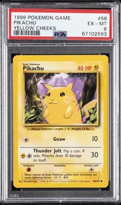 1999 POKEMON BASE SET UNLIMITED YELLOW CHEEKS #58 PIKACHU PSA 6 - Image 1