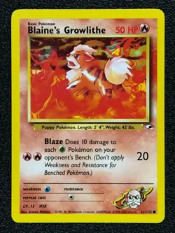 Blaine's Growlithe 62/132 Gym Heroes Series Common Pokemon Card 1999-2000 NM - Image 1