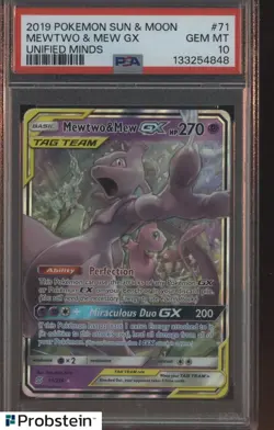 2019 Pokemon Sun & Moon Unified Minds #71 Mewtwo & Mew GX PSA 10 - Image 1
