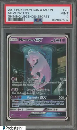 2017 Pokemon Sun & Moon Shining Legends Secret #78 Mewtwo GX PSA 9 MINT - Image 1