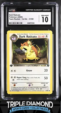 2000 Pokemon Team Rocket 1st Ed. #51/82 Dark Raticate CGC 10 Gem MT L555 - Image 1