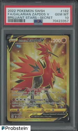 2022 Pokemon SWSH Brilliant Stars Secret #182 FA Galarian Zapdos V PSA 10 - Image 1